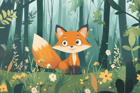 Illustration of a cute, smiling fox surrounded by wildflowers in a lush forest. The fox's fluffy tail and bright eyes make it an adorable centerpiece of this peaceful, nature filled scene.の素材