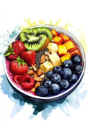 Illustration of a colorful smoothie bowl topped with an assortment of fresh fruits, nuts, and seeds. The vibrant colors of the fruit, along with the healthy ingredients, make this bowl a tempting, nutritious treat.の素材