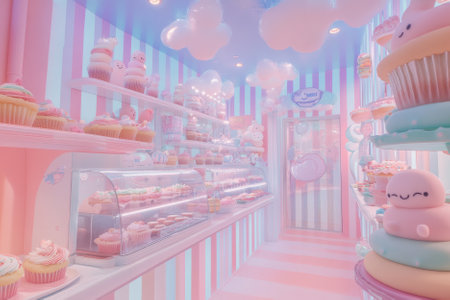 A pastel colored bakery filled with anthropomorphic cupcakes and cookies, each with tiny arms and happy faces. The candy striped walls and floating sugar clouds add to the dreamy, childlike aesthetic.の素材
