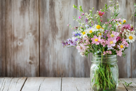 Illustration of a beautifully arranged bouquet of wildflowers in a mason jar, set against a wooden table. The soft colors of the flowers and the rustic jar create a warm and charming atmosphere.の素材
