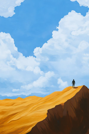 A dramatic desert landscape with rolling golden dunes, shaped by the wind. A single traveler walks along the ridge, their silhouette contrasting against the vast, endless sky, evoking a sense of solitude and adventure.の素材