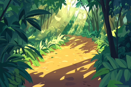 Illustration of a dense forest path surrounded by lush greenery, with sunlight peeking through the trees, casting playful shadows on the ground. The peaceful setting is perfect for a walk in nature, evoking calmness and tranquility.の素材