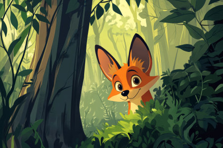 Illustration of a curious fox peeking out from behind a tree in a dense forest. The orange fur of the fox stands out against the lush green backdrop, while the forest provides a sense of mystery and adventure.の素材