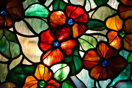 A delicate stained glass window featuring intricate patterns of flowers and leaves, with vibrant colors of ruby red, emerald green, and sapphire blue. The soft light filtering through adds a magical touch.の素材