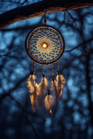 Illustration of a large, ornate dreamcatcher hanging from a tree branch in the moonlight. The delicate feathers and intricate beading catch the glow, creating a mystical and serene feeling.の素材