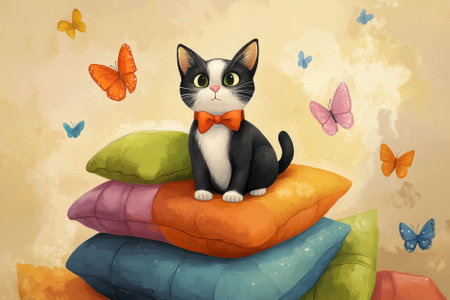 Illustration of a cute cartoon cat wearing a tiny bow tie and sitting on a pile of colorful pillows. The cat looks content and relaxed, while butterflies flutter is nearby, adding a playful, whimsical touch.の素材