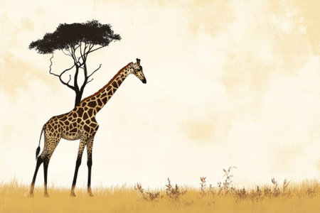 Illustration of a graceful giraffe standing tall in the African savannah, its long neck stretching up to nibble on the leaves of a tall tree. The peaceful scene captures the elegance and beauty of the animal.の素材