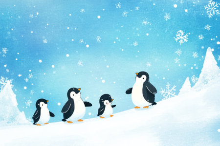 Illustration of a family of penguins waddling across the icy landscape, with snowflakes gently falling from the sky. The adorable little penguins look curious and playful, adding a sense of fun to the cold, snowy scene.の素材