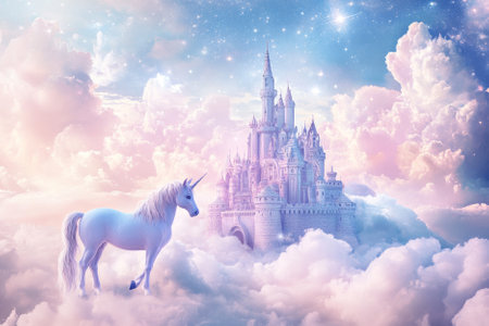 Illustration of a magical castle surrounded by fluffy clouds and twinkling stars. A unicorn stands proudly in the foreground, adding a sense of wonder and fantasy to the enchanting scene.の素材
