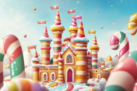 Illustration of a magical castle made of candy, with colorful candy canes and gumdrops surrounding it. The sweet and whimsical design creates a playful world full of imagination and wonder for children.の素材