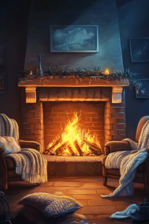 Illustration of a cozy fireplace with a crackling fire, surrounded by soft armchairs and knitted blankets. The warm, glowing light and rich textures create an intimate, inviting space, perfect for a cold winter evening.の素材