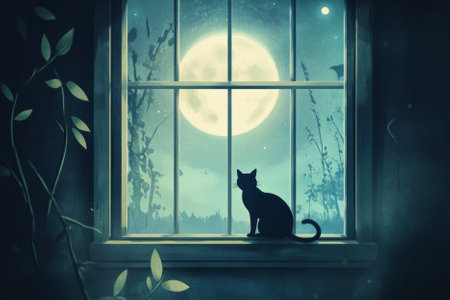 A mystical illustration of a moonlit night with a silhouette of a black cat perched on a windowsill. The soft glow of the full moon illuminates the sky, casting a dreamy, magical aura over the scene.の素材