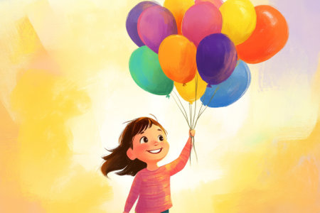 Illustration of a little girl holding a bunch of colorful balloons, with a joyful smile on her face. The bright, playful colors and the lighthearted scene evoke feelings of happiness and celebration.の素材