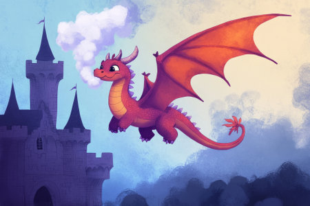 Illustration of a friendly dragon with soft scales, playfully blowing puffs of smoke as it floats above a castle. The cute design and friendly demeanor make the dragon a whimsical and approachable character for young children.の素材