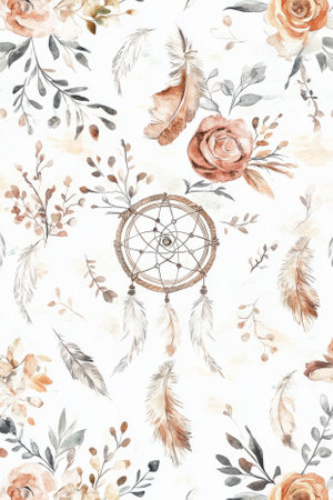 A stylish boho inspired pattern featuring dreamcatchers, feathers, and floral motifs in soft, earthy tones. The natural elements evoke a sense of freedom and tranquility, making it perfect for modern fashion pieces.の素材