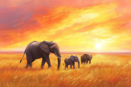 Illustration of a family of elephants roaming across the African savannah. The elephants move gracefully across the golden grass, while the setting sun paints the sky in warm shades of orange and pink, creating a peaceful scene.の素材