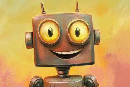 Illustration of a friendly, smiling robot with large, round eyes and a shiny metal body. The robot playful design and joyful expression create a fun and inviting character for children books or toys.の素材