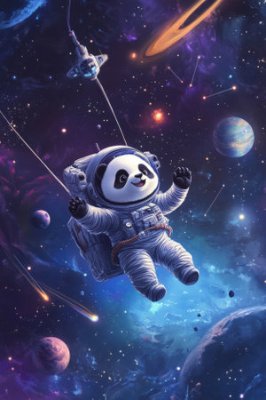A tiny astronaut panda floating in space, tethered to a miniature spaceship. He waves happily as planets and shooting stars drift by, creating a fun and adventurous scene perfect for children's illustration.の素材