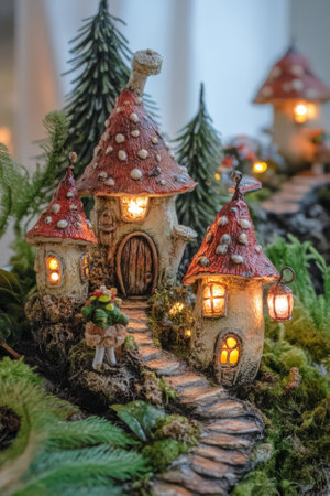 A whimsical forest scene where tiny mushroom houses glow under a twilight sky. Fireflies illuminate the air as little gnome like creatures carry glowing lanterns along winding paths.の素材