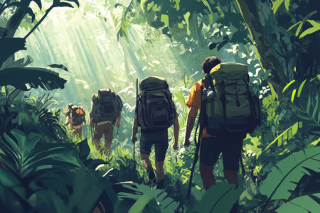Illustration of a group of adventurers trekking through a dense jungle, with tall trees and exotic wildlife surrounding them. Their backpacks are filled with supplies as they push forward into the wild unknown.の素材