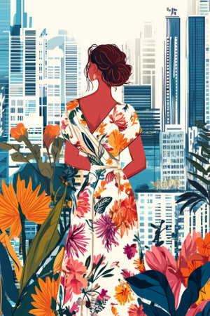 Illustration of a chic woman in a floral wrap dress, standing in front of a modern cityscape. The bold and vibrant floral patterns contrast with the sleek, contemporary buildings, creating a fusion of nature and urban life.の素材