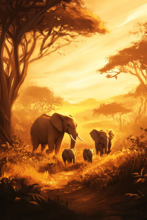 Illustration of a family of elephants gently walking through the savannah, their trunks reaching for leaves. The warm golden sunset casts a beautiful light over the scene, adding a serene and majestic quality to their journey.の素材