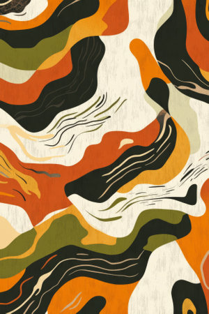 A colorful and organic abstract pattern with swirling lines and shapes that resemble flowing rivers. The design uses bold and earthy tones like burnt orange, olive green, and deep brown, evoking nature fluidity.の素材