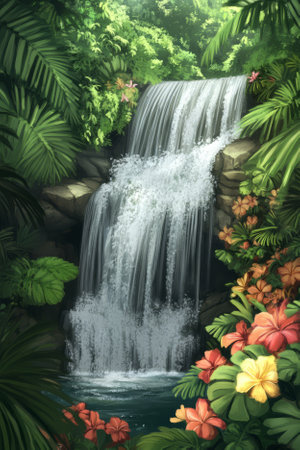 Illustration of a cascading waterfall in a secluded jungle, surrounded by lush green foliage and vibrant tropical flowers. The soothing sound of the falling water creates a serene and peaceful ambiance.の素材