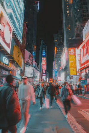 Illustration of a bustling city street at night, with neon signs flashing in every direction and people walking by in trendy outfits. The bright lights and urban hustle give the scene an energetic, modern vibe.の素材