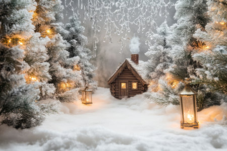 A magical winter wonderland with snow covered pine trees, softly glowing lanterns, and delicate icicles hanging from branches. A cozy wooden cabin with smoke rising from the chimney sits in the distance.の素材