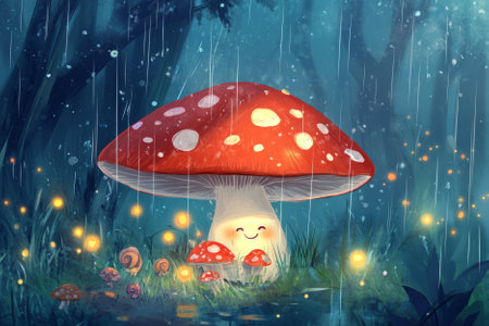 Illustration of a happy little mushroom with a smiling face, sitting under a giant toadstool umbrella as rain gently falls. Tiny snails and fireflies gather around, adding to the cozy, fairy tale inspired woodland charm.の素材