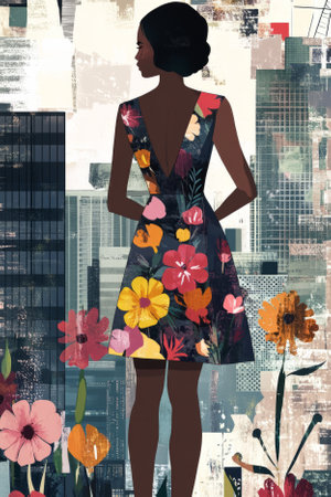 Illustration of a chic woman in a floral wrap dress, standing in front of a modern cityscape. The bold and vibrant floral patterns contrast with the sleek, contemporary buildings, creating a fusion of nature and urban life.の素材