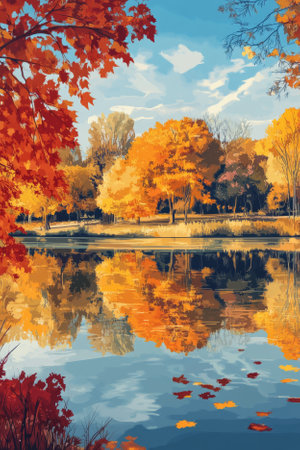 Illustration of a crystal clear lake reflecting the autumn trees that surround it. The golden, red, and orange leaves create a warm contrast against the cool blue water, making the peaceful scene feel like a perfect autumn day.の素材