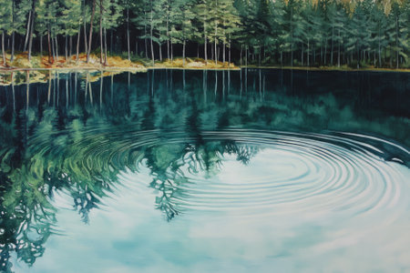 A calm, crystal clear lake surrounded by towering pine trees, with the reflection of the trees perfectly mirrored on the water. Soft ripples in the water suggest a gentle breeze.の素材