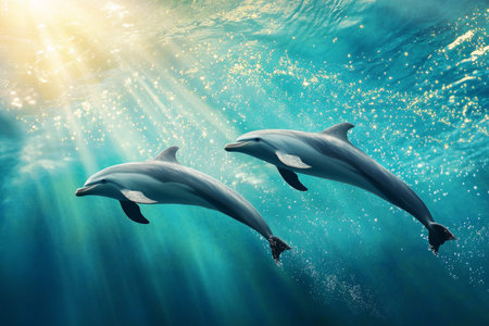 A pair of dolphins leaping in perfect harmony through the sparkling turquoise ocean. Sunlight reflects off their sleek, smooth skin, creating a mesmerizing dance of light and water droplets in the air.の素材