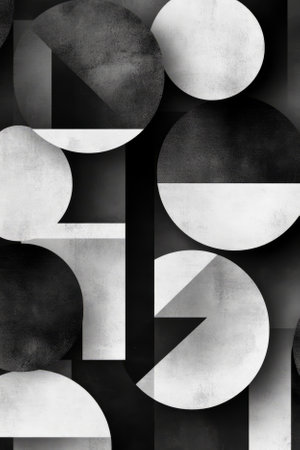 A minimalist grayscale pattern of overlapping circles and rectangles, creating an elegant and modern visual effect.の素材
