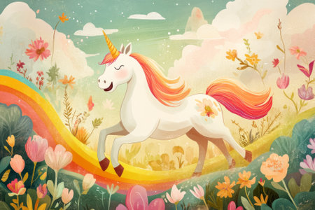 Illustration of a cheerful, smiling unicorn prancing through a rainbow colored meadow. Flowers bloom around its hooves, and soft clouds float overhead, creating an enchanting, fairytale like scene.の素材