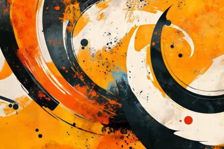 Illustration of a dynamic abstract composition with swirling lines and bold splashes of color, evoking a sense of movement and energy. The contrast between smooth curves and sharp angles creates a visually captivating design.の素材