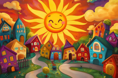 A cheerful sun with a smiling face shining down on a happy, cartoon style village filled with tiny, colorful houses and winding roads.の素材