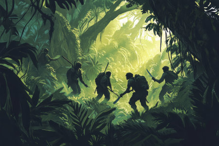 Illustration of a group of explorers trekking through a dense jungle, their machetes clearing the way. The towering trees and thick vines make the jungle feel both exciting and dangerous, filled with untold mysteries.の素材