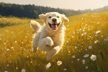 Illustration of a joyful golden retriever running through a sunlit meadow filled with wildflowers. Its fluffy fur shines in the warm afternoon light as it leaps with excitement, its tongue hanging out in pure happiness. The scene captures a perfect moment of carefree joy.の素材