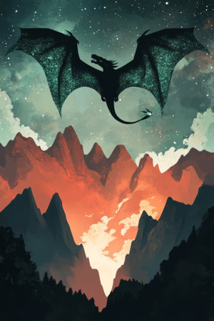 Illustration of a flying dragon with shimmering emerald scales, soaring above a mystical mountain range. The dragon's wings are spread wide, and its fiery breath illuminates the dark sky, creating a dramatic, fantasy filled scene.の素材