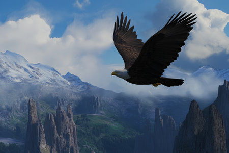 A majestic bald eagle soaring through the sky with its wings fully spread, set against a backdrop of towering mountain peaks.の素材