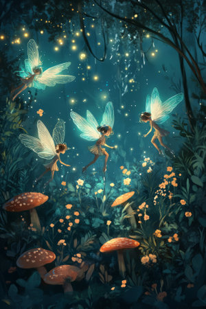 Illustration of a group of tiny forest fairies, each with delicate wings and glowing outfits, fluttering around flowers and mushrooms. The magical and enchanting scene fills the air with wonder and whimsy.の素材