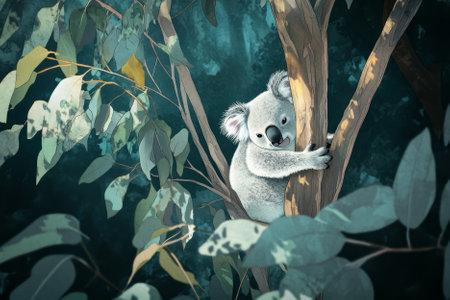 Illustration of a curious koala resting in a eucalyptus tree, gazing down at the world below. The soft, fluffy texture of its fur and the peaceful, serene nature of the Australian outback create a charming and calming scene.の素材