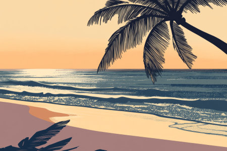 Illustration of a calm beach at sunset, with soft golden light reflecting off the gentle waves. A palm tree leans slightly towards the sea, casting a long shadow. The peaceful scene is perfect for creating a serene, tropical atmosphere.の素材
