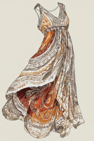 Illustration of a fashionable boho chic dress with a paisley pattern in earthy tones. The flowing fabric and the intricate design evoke a sense of free spiritedness, ideal for a relaxed, trendy summer look.の素材