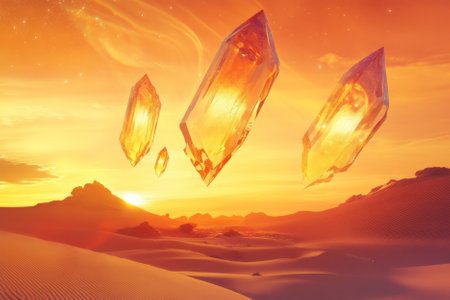Illustration of a desert with enormous, floating crystals hovering in the sky. The landscape is otherworldly, with swirling sand dunes and a bright, golden sunset casting dramatic shadows across the scene.の素材