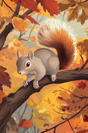 Illustration of a curious squirrel perched on a tree branch, its fluffy tail curled around its body. The scene is filled with autumn hues of orange, yellow, and red, creating a cozy, fall atmosphere.の素材