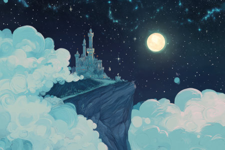 Illustration of a magical castle perched on a cliff, surrounded by swirling clouds and a sea of stars. A glowing moon casts a soft, ethereal light on the scene, creating a fantastical world of wonder.の素材